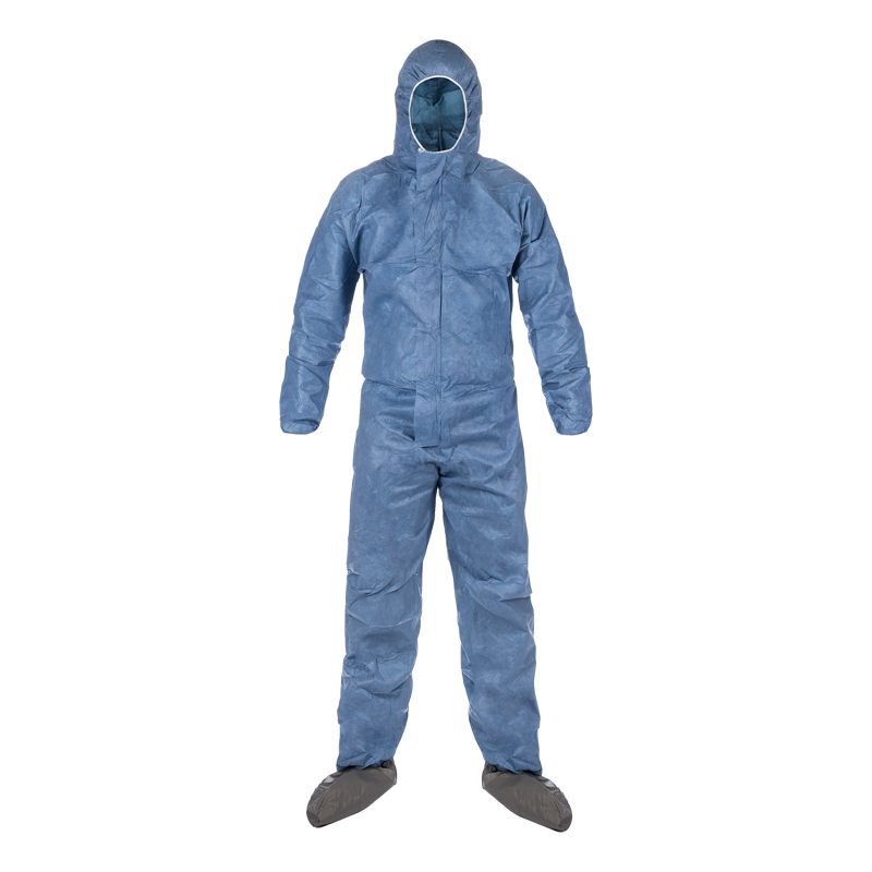 Shieldtech 45 Coveralls, Blue, With Storm Flap, Attached Hood and Boots, Size 2XL, 25 Per Case