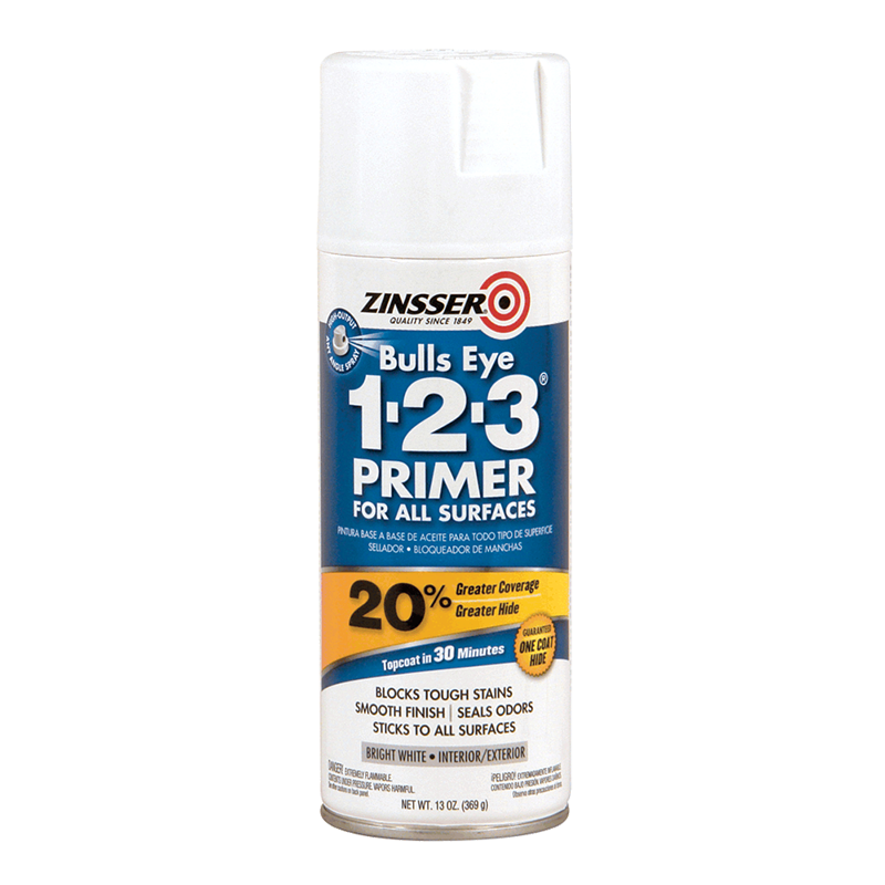 Zinsser 02008 Bulls-Eye 1-2-3 Primer Spray, Water Base, White, 502 g/L VOC, 8 to 10 sq-ft Coverage Area, 13 oz