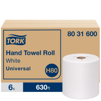 Tork Hand Towel Roll White H80, Universal, 100% Recycled Fiber, 6 Rolls x 630 ft, 8031600