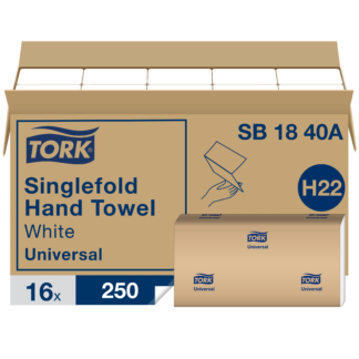Tork Singlefold Paper Hand Towel White H22, Universal, 100% Recycled Fibers, 16 x 250 Sheets, SB1840A