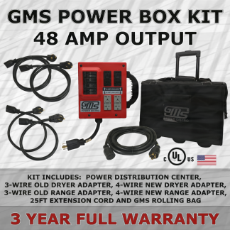 GMS Power Distribution Center With Rainbow Logo, 3-Wire Old Dryer Adapter, 4-Wire New Dryer Adapter, 3-Wire Old Range Adapter, 4-Wire New Range Adapter, 25-Foot Extension Cord and GMS Rolling Bag