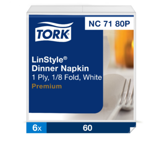 Tork LinStyle White Dinner Napkin, Premium, Pre-folded 1-ply, 16.25" x 17", 6 x 60 napkins, NC7180P