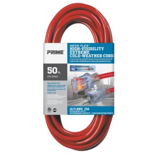 Neon Red Extension Cord with Rainbow Logo, 50', Single-Tap With Lighted Ends