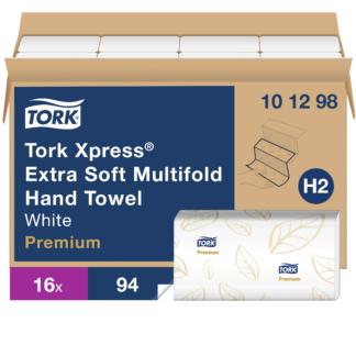 Tork Xpress Extra Soft Multifold Hand Towel White with Blue Leaf H2, Premium, 4-Panel, High Performance, Absorbent, 2-Ply, 16 X 94 Sheets, 101298