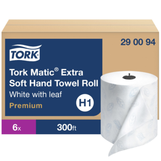 Tork Matic Extra Soft Hand Towel Roll White with Blue Leaf H1, Premium, High Absorbency, 6 Rolls x 300 ft, 290094