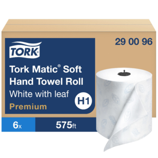 Tork Matic Soft Hand Towel Roll White with Blue Leaf H1, Premium, High Absorbency, 6 Rolls x 575 ft, 290096
