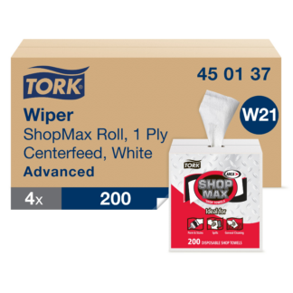 Tork ShopMax Heavy Duty Centerfeed Paper Towel White Self Dispensing, High Absorbency, 4 x 200 Sheets, 450137