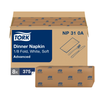 Tork White Dinner Napkin, Advanced, 1/8 Fold 2-ply, 15" x 16.25", 8 x 375 napkins, NP310A