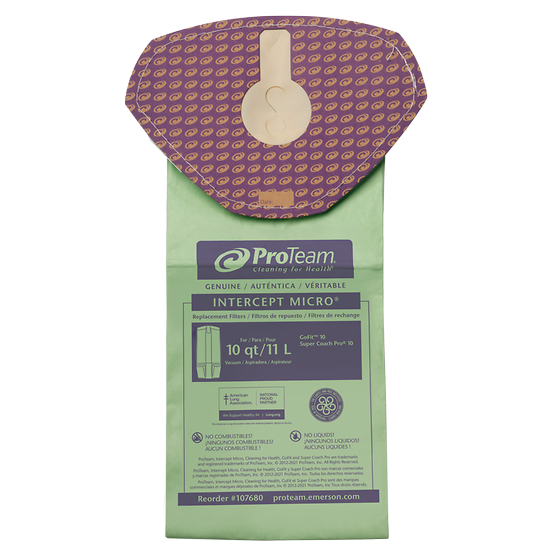 Proteam 107680 - 10 qt. Intercept Micro Filter Bag, Closed Collar, Fits ProTeam GoFit 10 and Super Coach Pro 10 Backpack Vacuums (10 pk.)