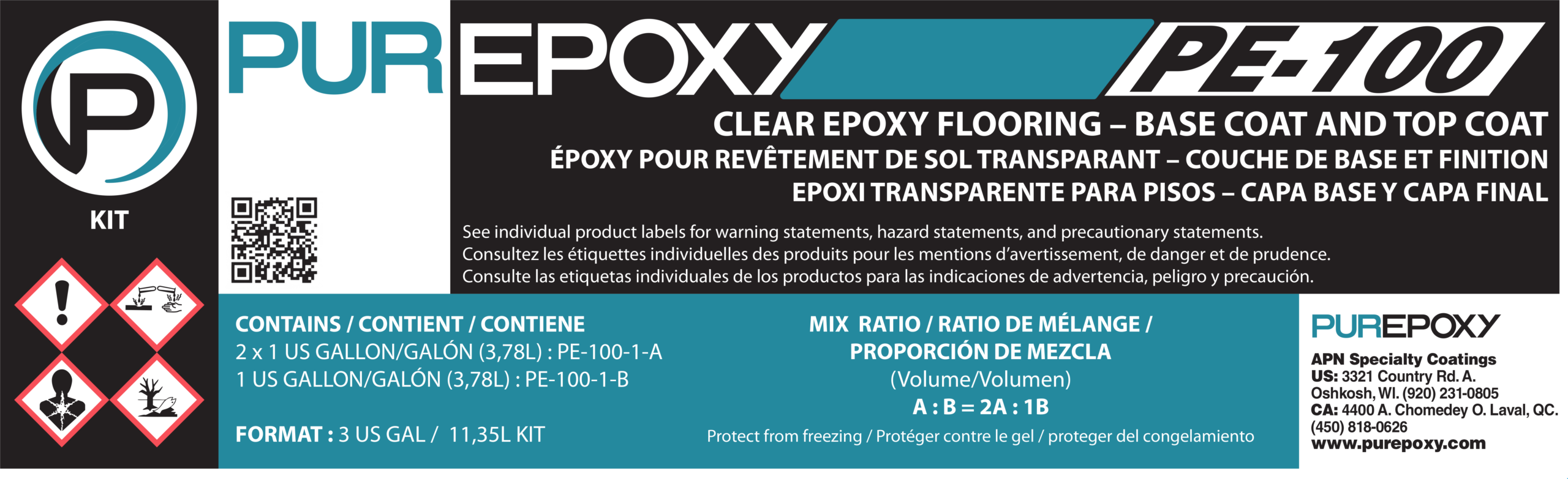 PurEpoxy, Pe-100 Clear Standard Epoxy, 3-gallon A(2g) & B(1g) Kit