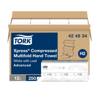 Tork Xpress Compressed Multifold Hand Towel White H2, Advanced, Strong and Absorbent, 12 x 250 Sheets, 424834