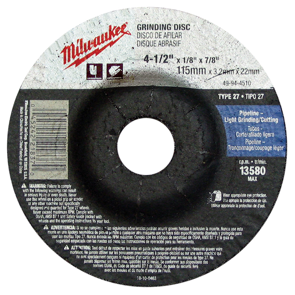 Milwaukee 4-1/2in X 1/8in X 7/8in Grinding Wheel (type 27)