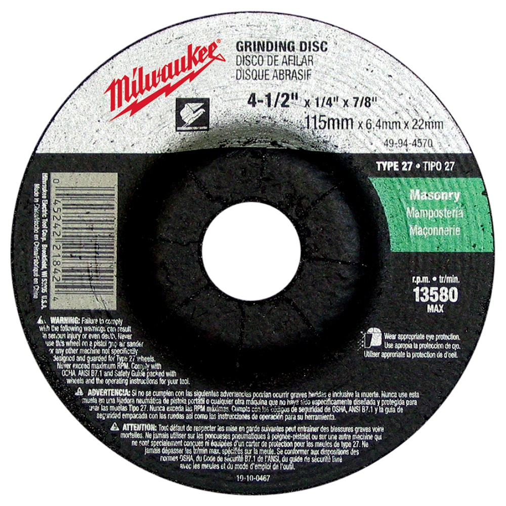 Milwaukee 4-1/2in X 1/4in X 7/8in (type 27) Grinding Wheel