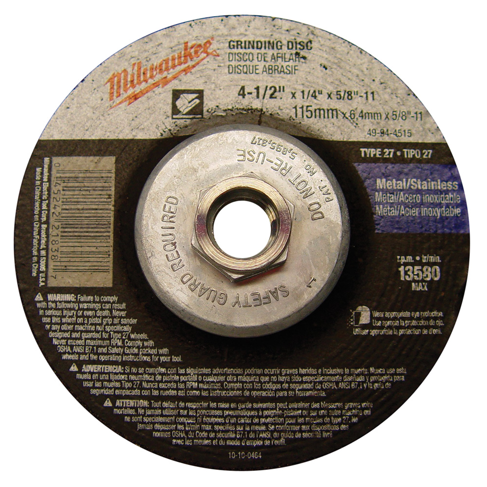 Milwaukee 4-1/2in X 1/4in X 5/8-11in Grinding Wheel (type 27)