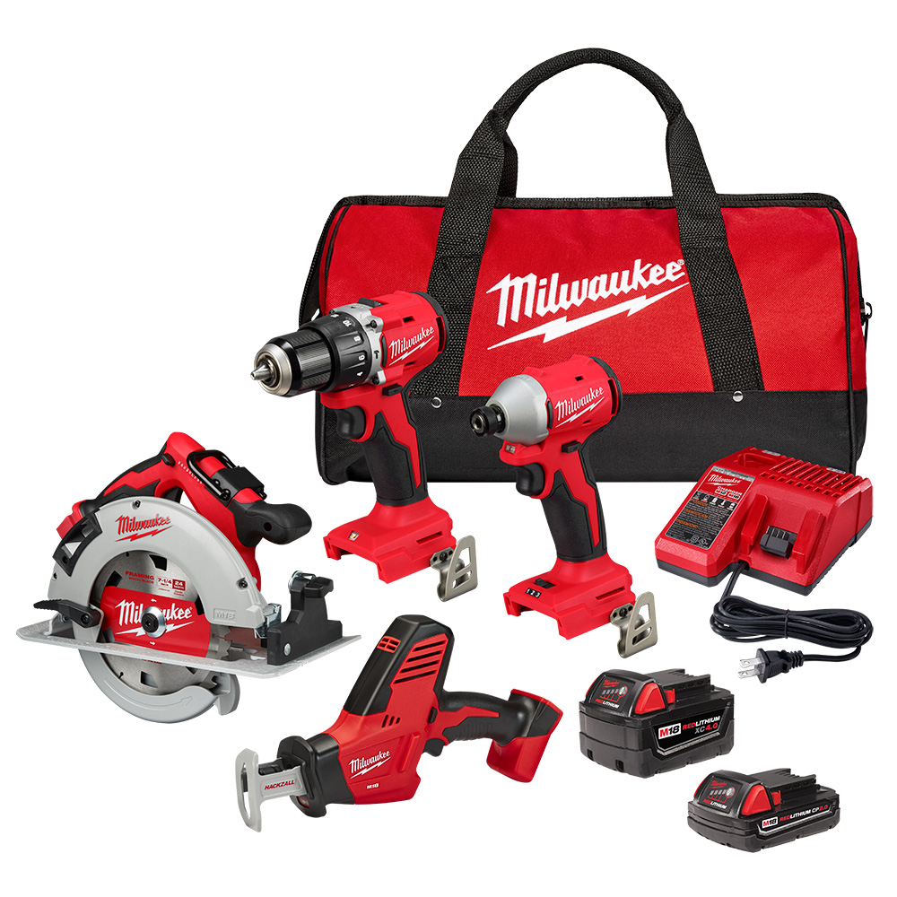 Milwaukee 4 Tool Combo Kit Compact Brushless 1/2 Hammer Drill Compact Brushless 1/4 Hex