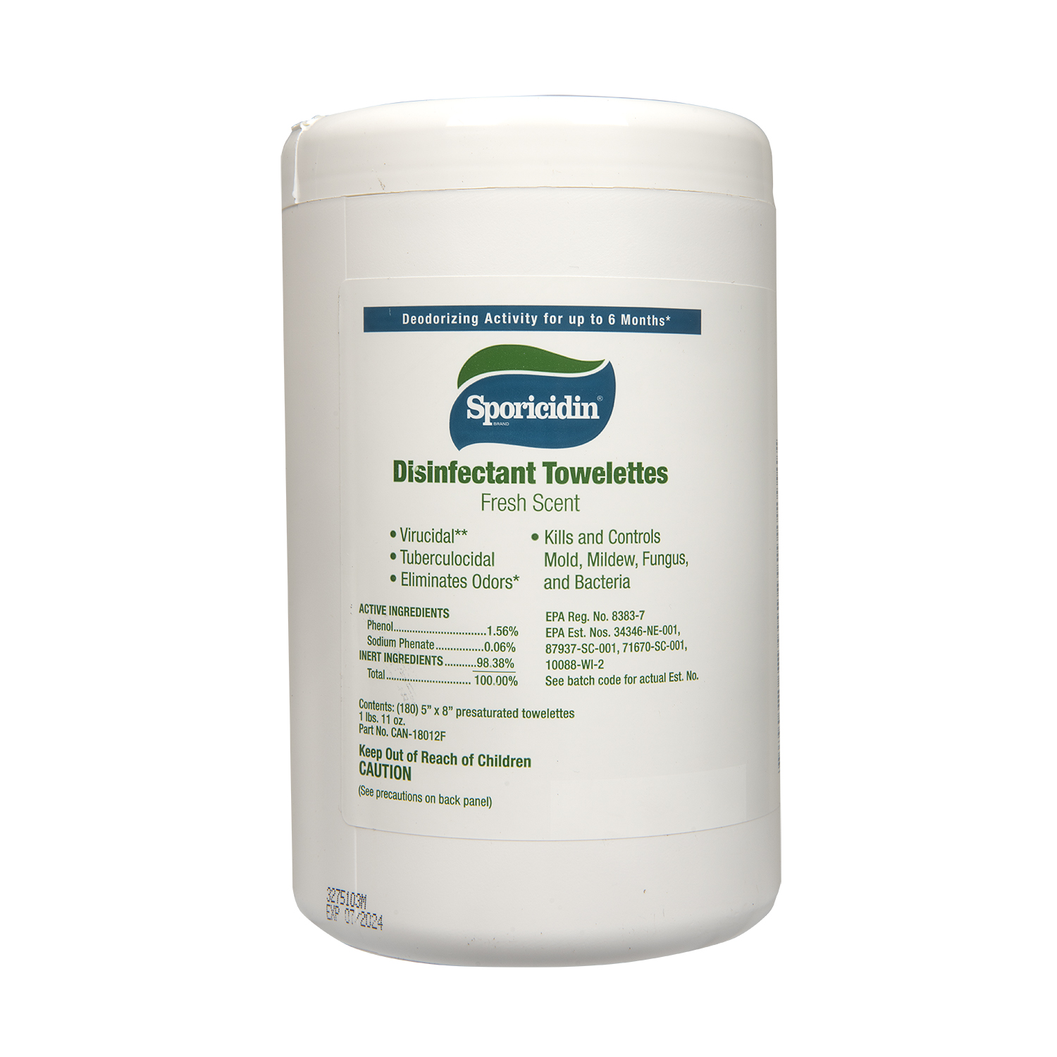 Sporicidin, Antimicrobial, Disinfectant Towlettes, 5" x 8" (180) per Canister