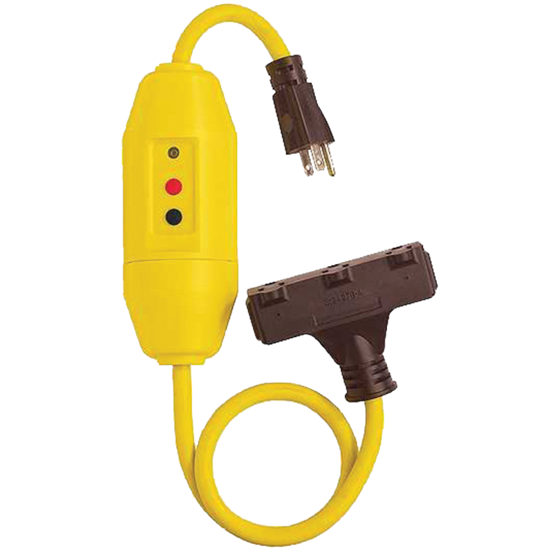 Cord Set, Automatic Reset, GFCI In-Line, Triple Tap 15 AMP 12/3 125V, 24"