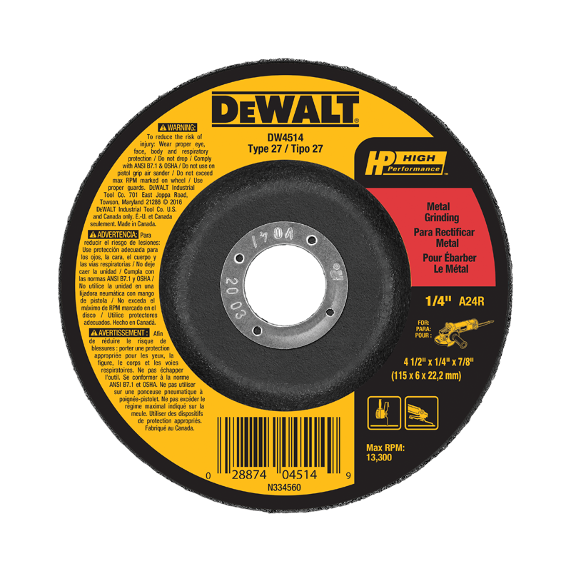 DeWalt, Grinding Wheel, 24 Grit, 4 1/2" Diameter x 1/4"